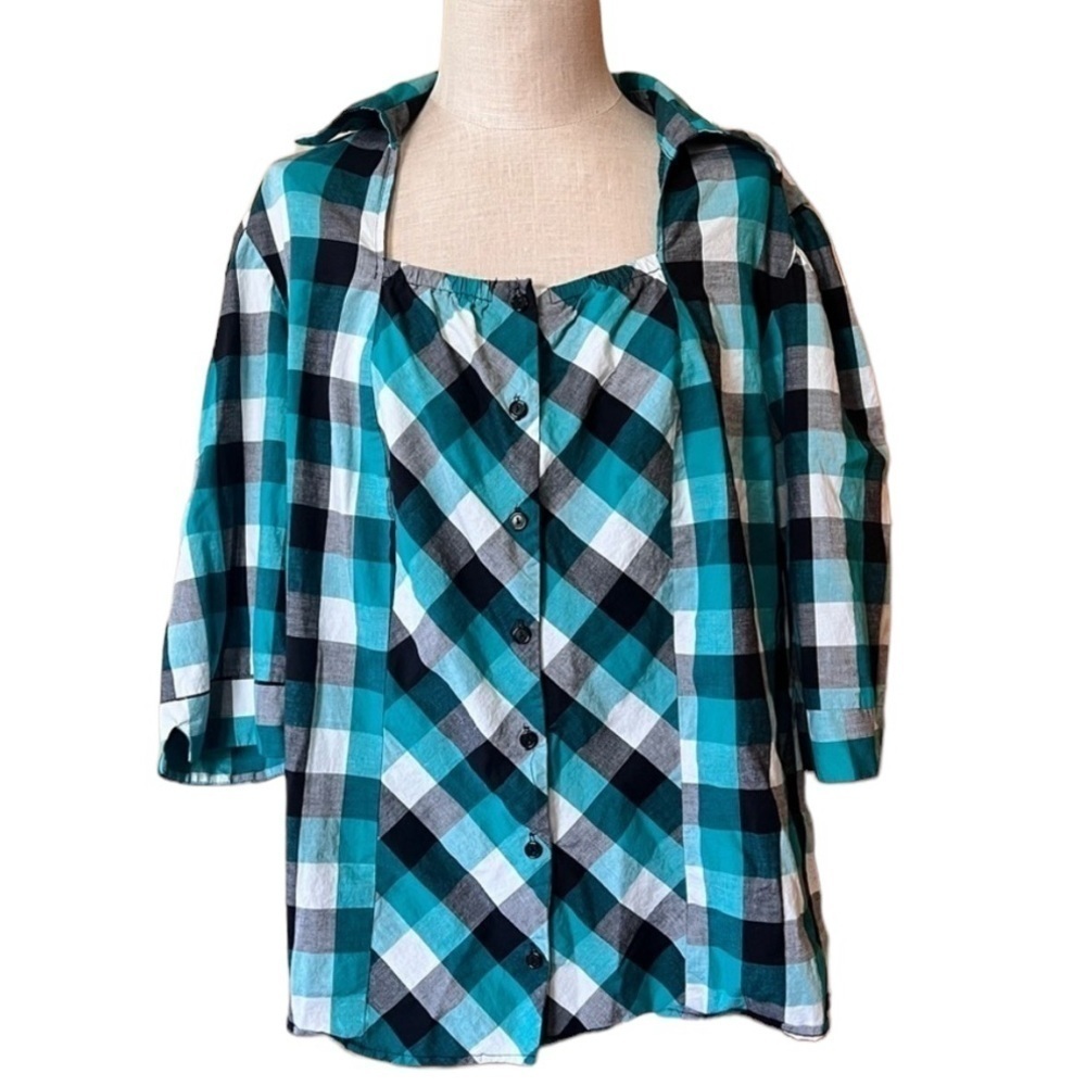 CJ Banks 3X Plaid Shirt Elbow Length Sleeve Button Up Ruffle Casual Square Neck - Picture 2 of 8